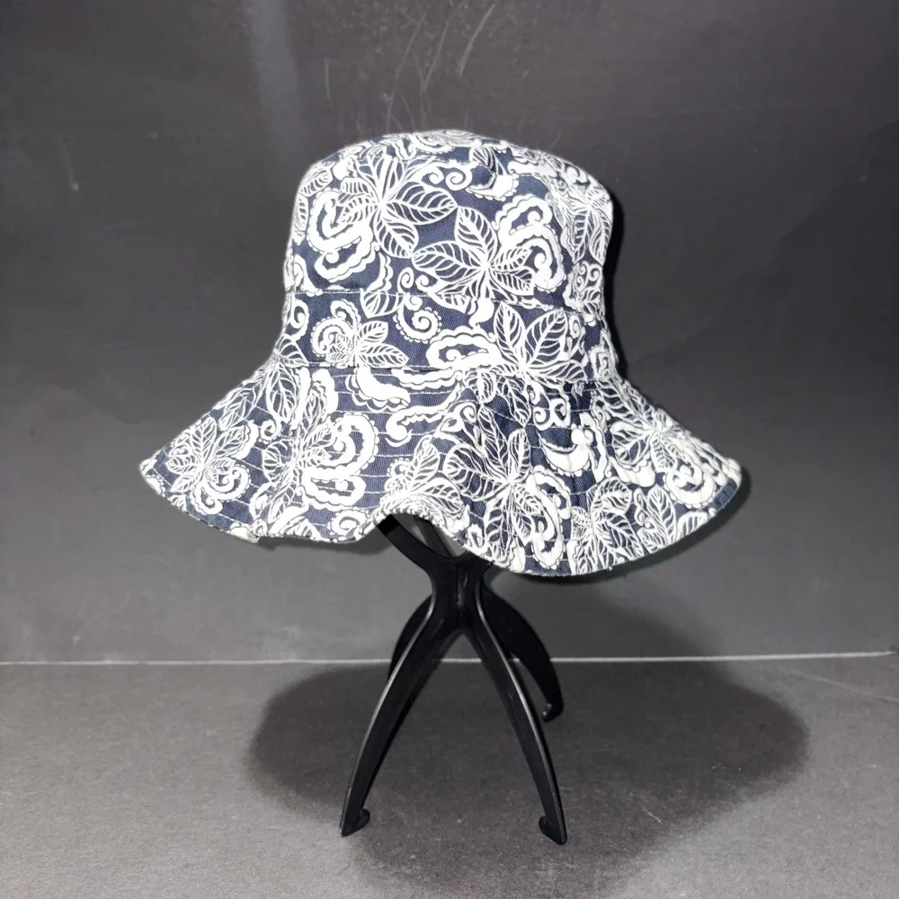 Navy Blue White Paisley Floral Cotton Bucket Hat Wide Brim Sun Hat RN 17730
